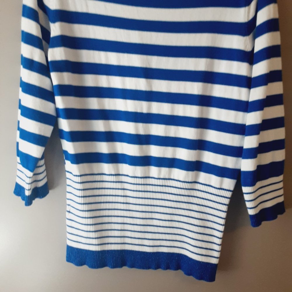 Belldini Striped Cardigan, V-neck, 3/4 Sleeve, Royal Blue & White | Medium - Picture 10 of 14
